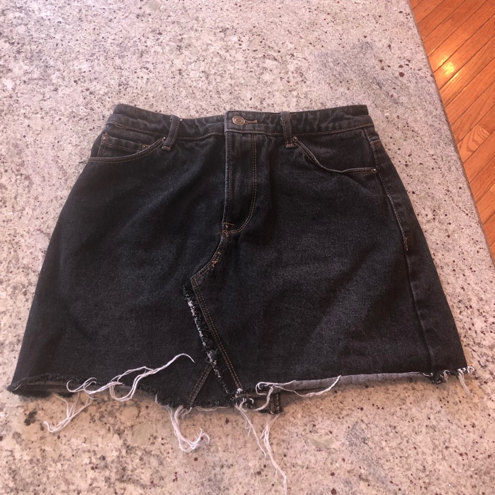 Black denim jean skirt with tan stitching